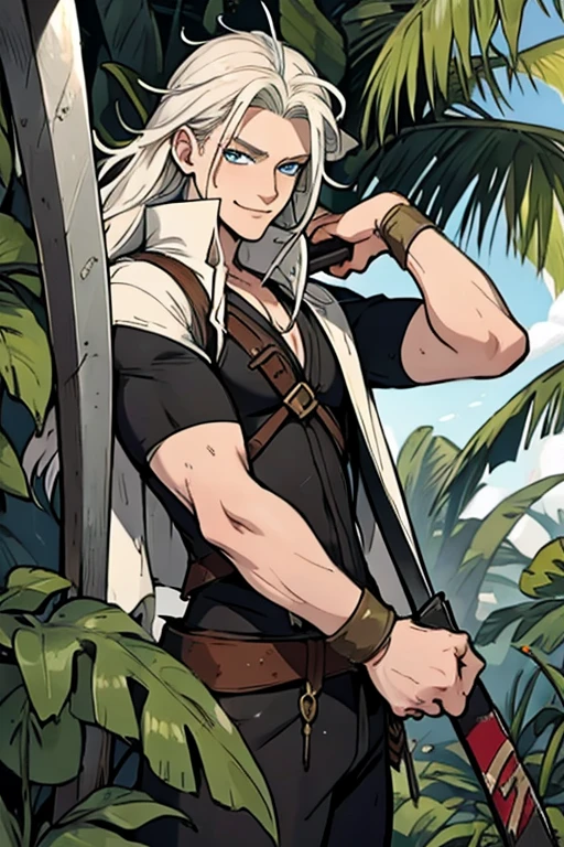 A young white haired man with blue eyes and long hair in a pirate's outfit is cutting down vegetation with a machete in a tropical jungle with a big smile