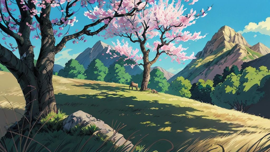  cherry tree in the background sam yang, black hair, , closed mouth, day, grass, mountain, outdoors, profile, shadow, solo, tree , ((masterpiece)) anime background art, amazing wallpaper, background art, hd wallpaper, relaxing concept art, beautiful wallpaper, high quality desktop wallpaper, background artwork, pc wallpaper, anime background, wallpaper hd, 8K image quality, Masterpiece
