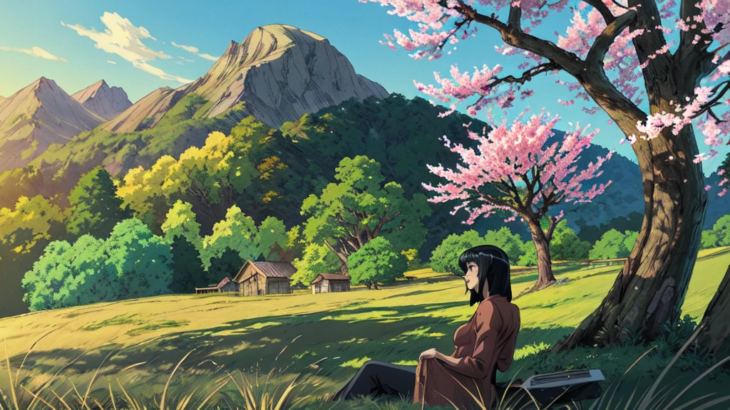  cherry tree in the background sam yang, black hair, , closed mouth, day, grass, mountain, outdoors, profile, shadow, solo, tree , ((masterpiece)) anime background art, amazing wallpaper, background art, hd wallpaper, relaxing concept art, beautiful wallpaper, high quality desktop wallpaper, background artwork, pc wallpaper, anime background, wallpaper hd, 8K image quality, Masterpiece
