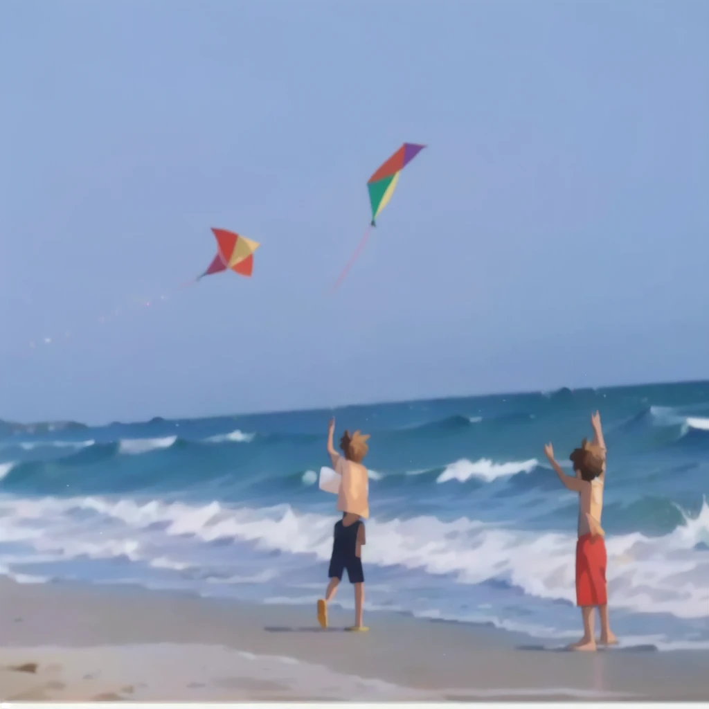 there are two boys flying kites on the beach near the ocean, kites, kids playing at the beach, having a great time, kids playing, photo - shot, children playing at the beach, profile picture, ride the wind and waves, playing at the beach, childhood memory, enjoying the wind, little , center of image, everyone having fun, intense moment
