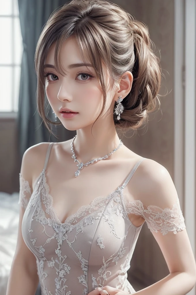gray lace thong&Good, (((Very elegant and beautiful, Perfect detail, Super detailed))), whole body, The most detailed girl, Depth of written boundary, 美しく詳細なwhole body, Thin legs, 1 girl, 30 years old, Very short hair, Spiked Hair, Gray and silver hair, Beautiful detailed hair, Perfect Face, Expressionless, Beautifully detailed deep eyes, Open your mouth a little, Delicate arms and hands, Pale skin, Earrings, Beautiful and gorgeous necklace, Colorful background, HD background, Blurred Background, Very delicate and beautiful, Masterpiece, (((Highest quality, Very beautiful 8K CG wallpaper))), (((Trendy hairstyles))), (Inside the room,Stylish interior,window),