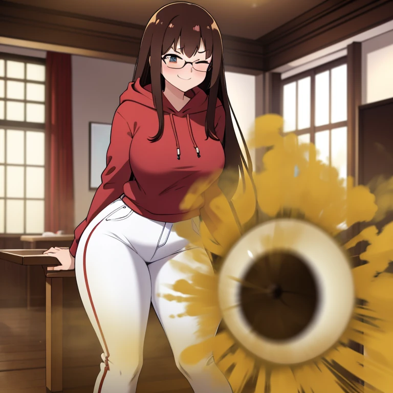 HD, high quality, high resolution, ultrahd, 1female, wearing glasses, bangs, dark red hoodie, white pants, long hair, brown hair, very tall body, thin body, massive fart, yellow smoke, velocity, 1 eye closed, 1 eye opened, forcing, struggling, struggle face, blush leaning, embarrassed, smiling, alone in a room, beautiful lighting, highlights