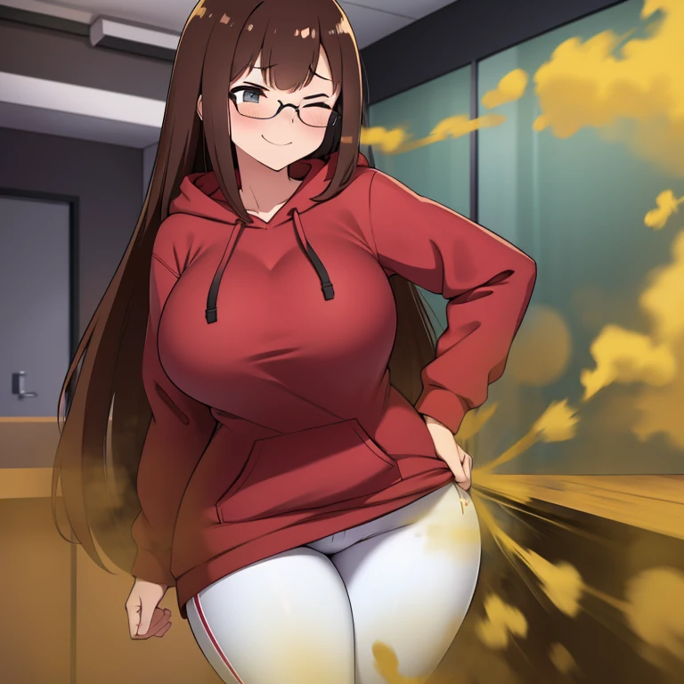 HD, high quality, high resolution, ultrahd, 1female, wearing glasses, bangs, dark red hoodie, white pants, long hair, brown hair, very tall body, thin body, massive fart, yellow smoke, velocity, 1 eye closed, 1 eye opened, forcing, struggling, struggle face, blush leaning, embarrassed, smiling, alone in a room, beautiful lighting, highlights