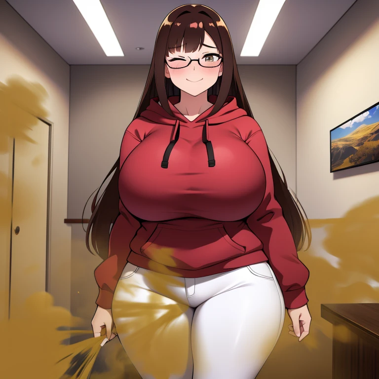 HD, high quality, high resolution, ultrahd, 1female, wearing glasses, bangs, dark red hoodie, white pants, long hair, brown hair, very tall body, thin body, massive fart, yellow smoke, velocity, 1 eye closed, 1 eye opened, forcing, struggling, struggle face, blush leaning, embarrassed, smiling, alone in a room, beautiful lighting, highlights