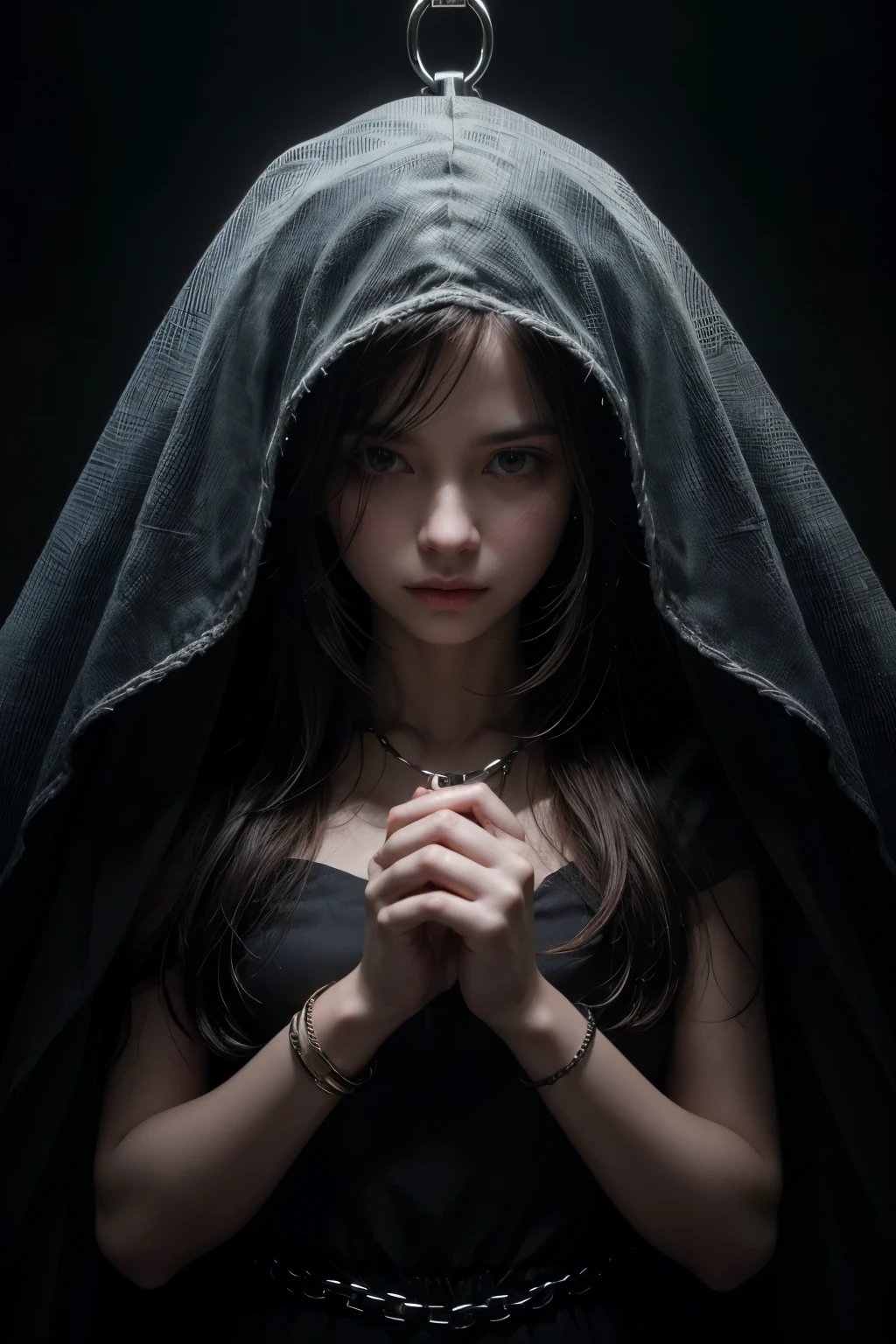 create an image where two handcuffed hands appear breaking the handcuff chain and the woman thinking about the past, the image needs to convey the idea that the woman is breaking past behavior patterns. dark forest background light tones