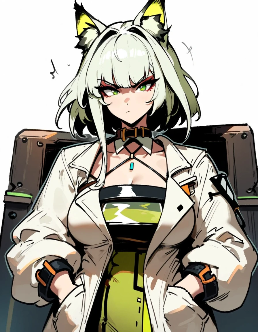 1girl, kal'tsit \(arknights\), arknights \\\\\ masterpiece, best quality, very aesthetic, absurdres, newest \\\\\\ slim body,///// ,by nyantcha,cutesexyrobutts , by khyle,,////// ,,,, , ,,detailed face, , ,, , , , , beautiful face, (white background:1.2), , sexy, , serious.angry, green eyes, animal ears, , ,,,big tits,), in the center of the frame,,, ,wears a lab coat, hands in pockets, , solo