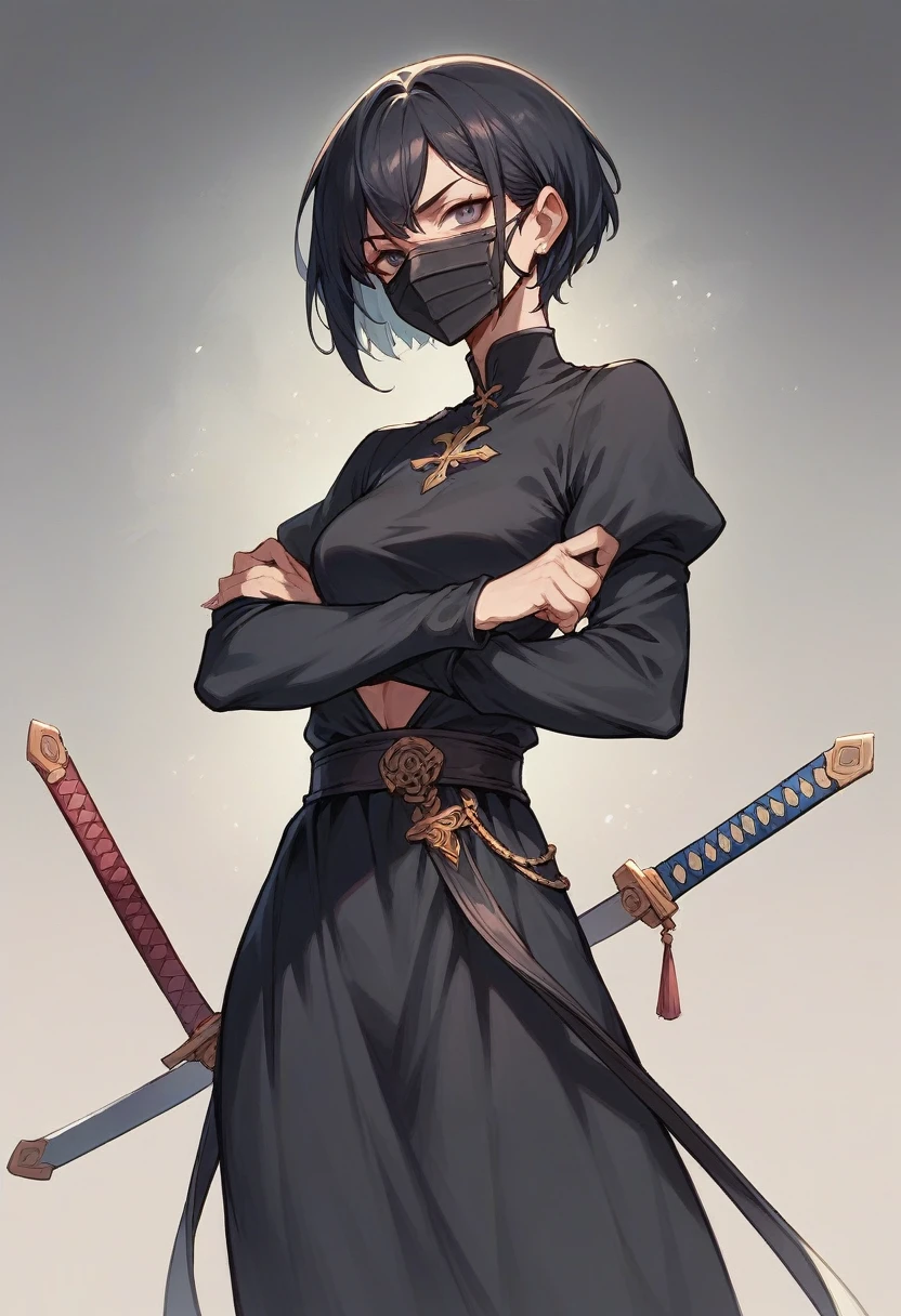 A woman of 1,68 short hair, wears a mask covering the entire face, two swords, wears a black dress.