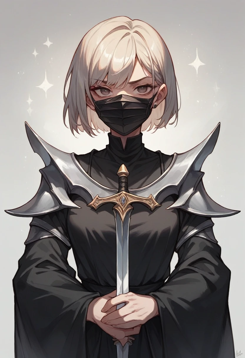 A woman of 1,68 short hair, wears a mask covering the entire face, two swords, wears a black dress.