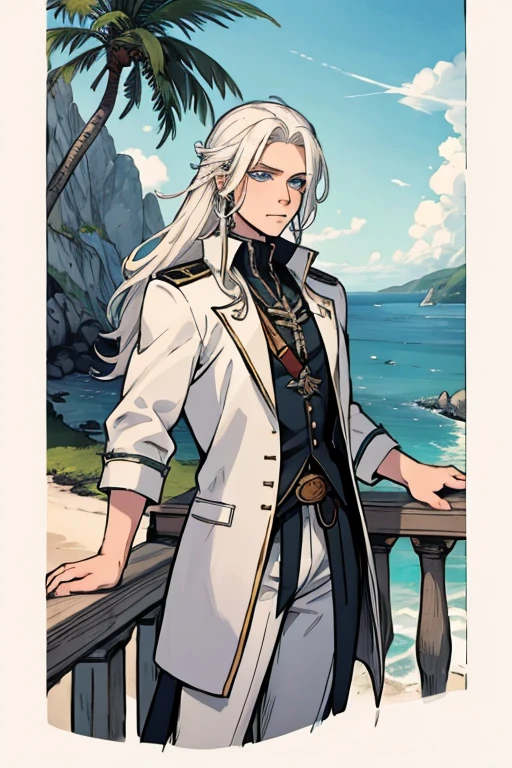 A young white haired man with blue eyes and long hair in a pirate's outfit is staring out at the sea on a cliff on a tropical island
