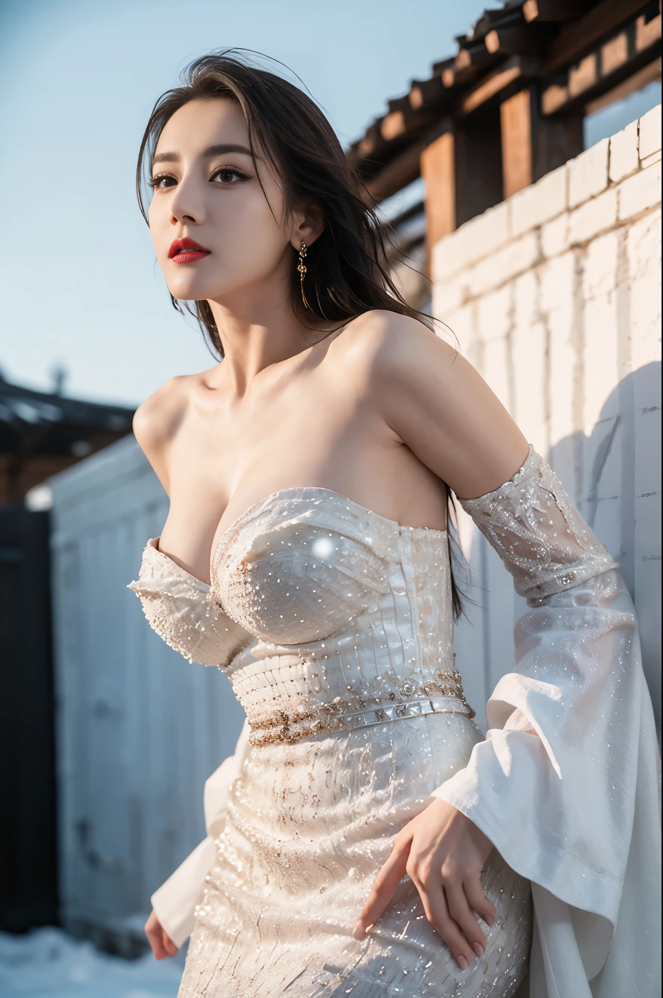 Top quality、8k、(Masterpiece:1.3)、Extremely delicate and beautiful girl,full-body shot,(huge breasts:1.4),bigger breasts,amazing breast size,G-cup。Wear big earrings,Very white skin,moist red lips,Waist is very thin,Thighs are very thin,big butt,fair and smooth skin,Smooth and fair skin,flawless skin,Fair and shiny skin,cold white skin,The camera focuses on the chest,Bright light,White tube top dress,bare shoulders,white hair,hair is white,heavy snow,snow mountain,sunset,Rizhao Jinshan,happy,(solo:1.41),(1girl:1.42),