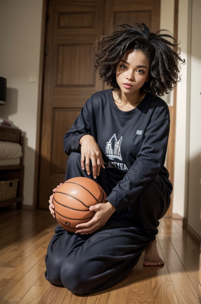  black woman holding a basketball, in socks and pajamas and with curly hair