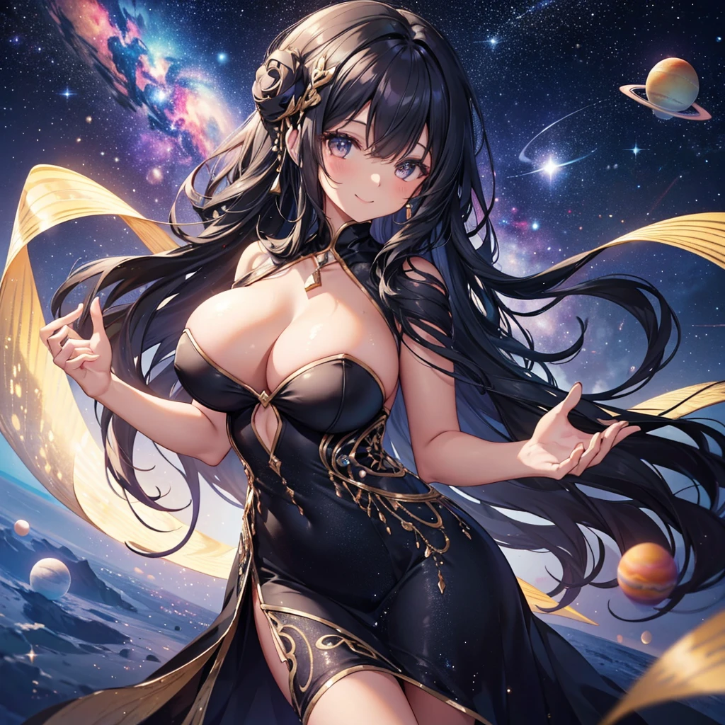 Woman with very long wavy big breast that are hidden and black hair tan skin wearing a beautiful glitter dress and smiling up. Little, surrounded by outerspace, planets, and galaxies