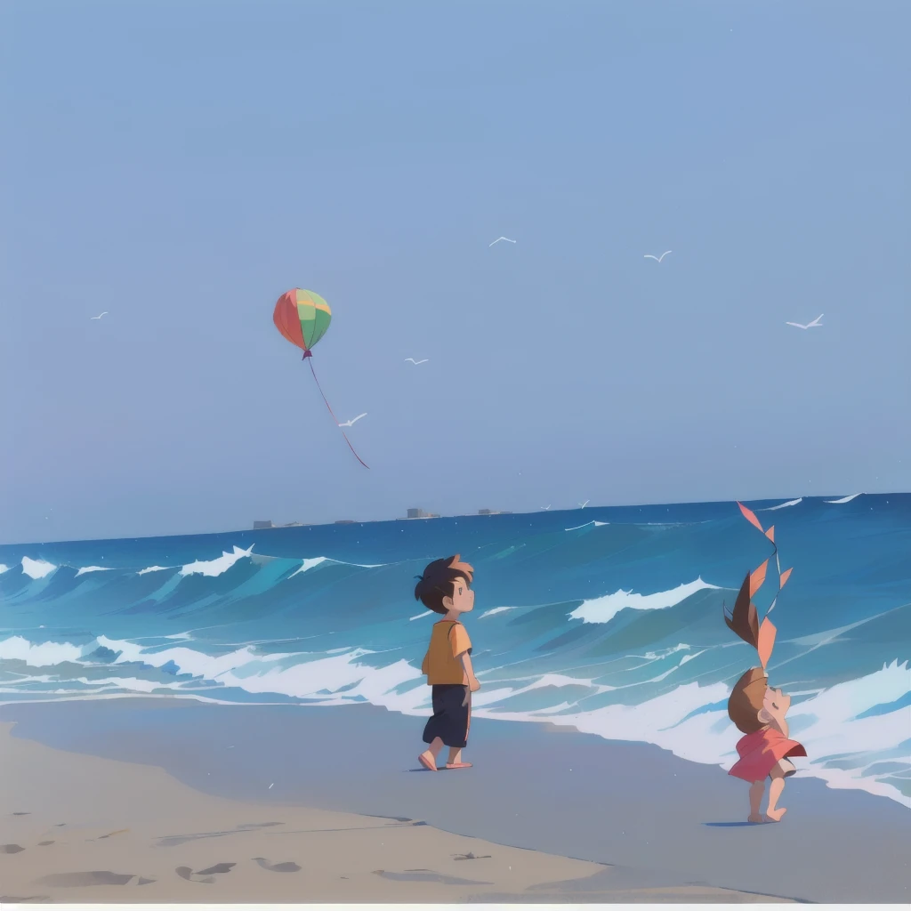 there are two boys flying kites on the beach near the ocean, kites, kids playing at the beach, having a great time, kids playing, photo - shot, children playing at the beach, profile picture, ride the wind and waves, playing at the beach, childhood memory, enjoying the wind, , center of image, everyone having fun, intense moment