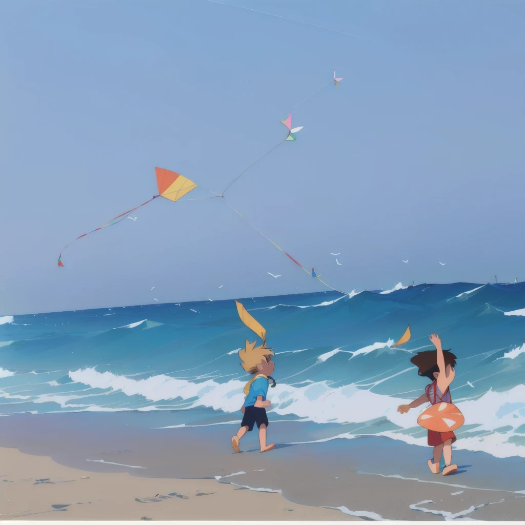 there are two boys flying kites on the beach near the ocean, kites, kids playing at the beach, having a great time, kids playing, photo - shot, children playing at the beach, profile picture, ride the wind and waves, playing at the beach, childhood memory, enjoying the wind, little kid, center of image, everyone having fun, intense moment
