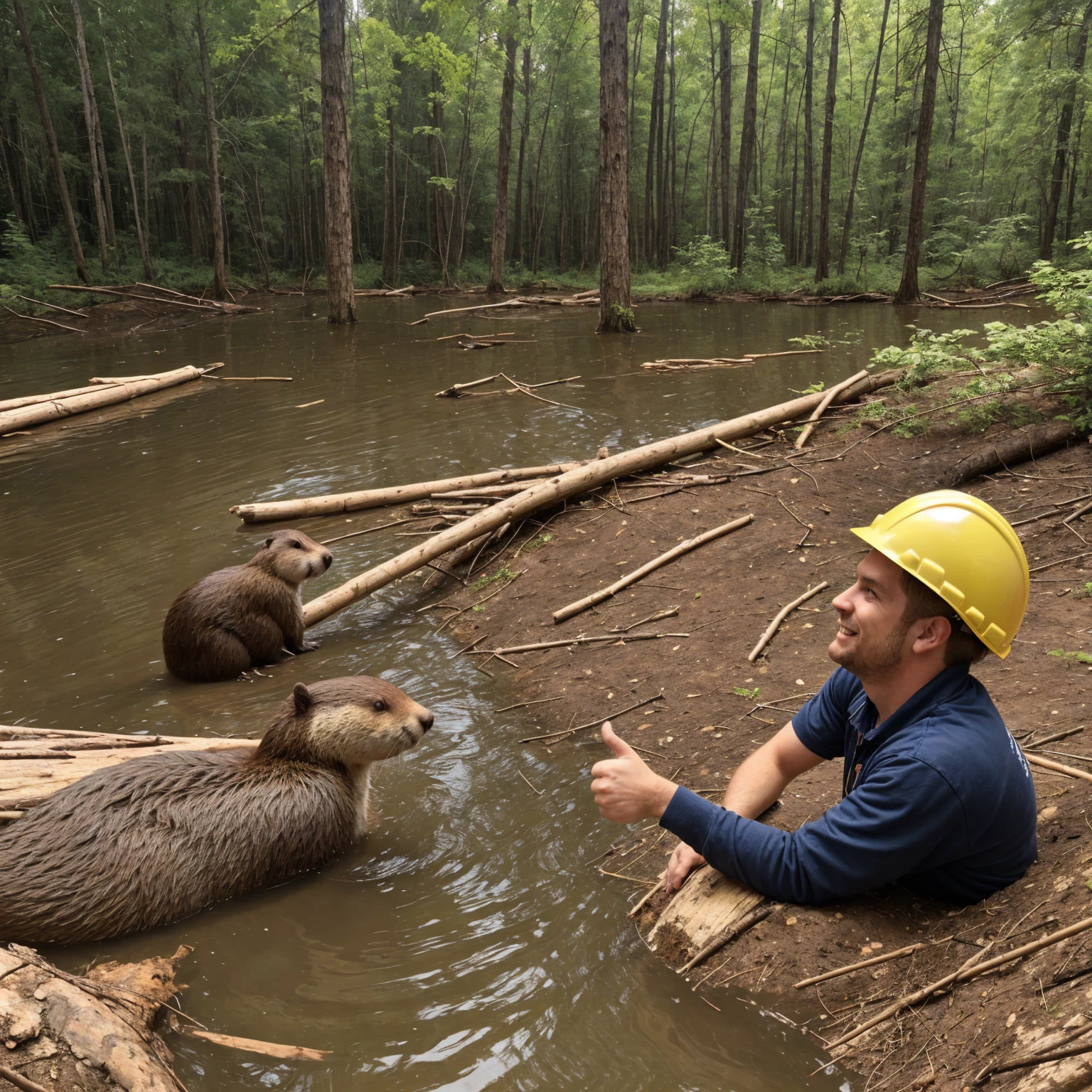 Realistic Beaver photo, funny cartoonish style, yellow hard hat, showing thumbs up, forest river in the background with a beaver dam, one funny beaver photo