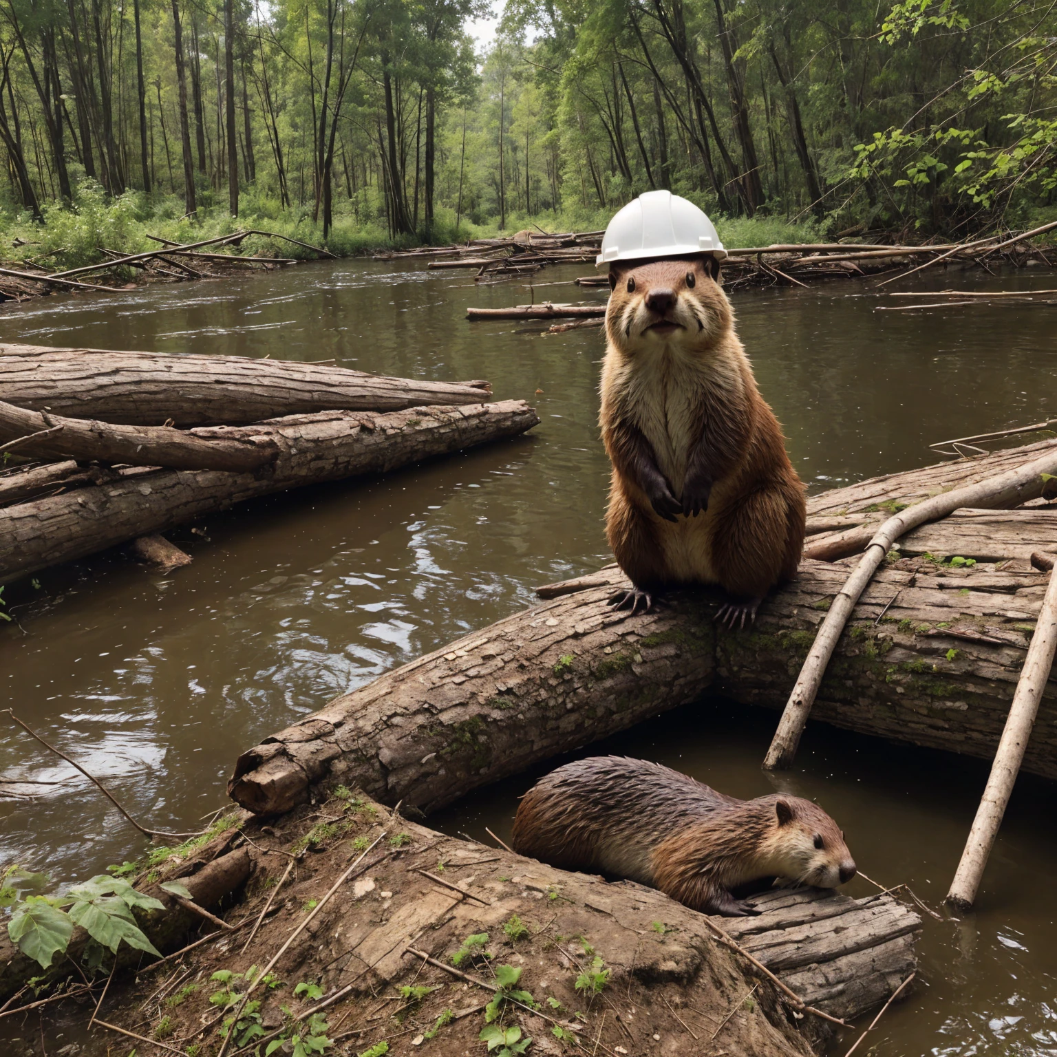 Realistic Beaver photo, funny cartoonish style, yellow hard hat, showing thumbs up, forest river in the background with a beaver dam, one funny beaver photo