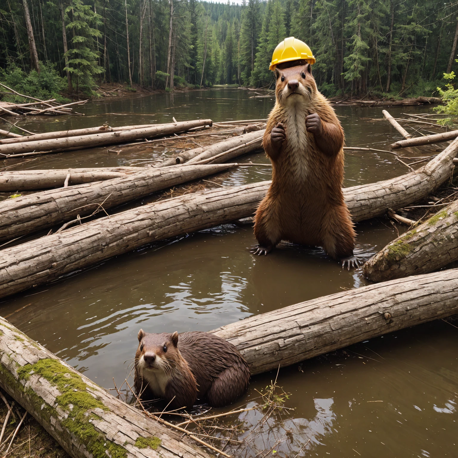 Realistic Beaver photo, funny cartoonish style, yellow hard hat, showing thumbs up, forest river in the background with a beaver dam, one funny beaver photo
