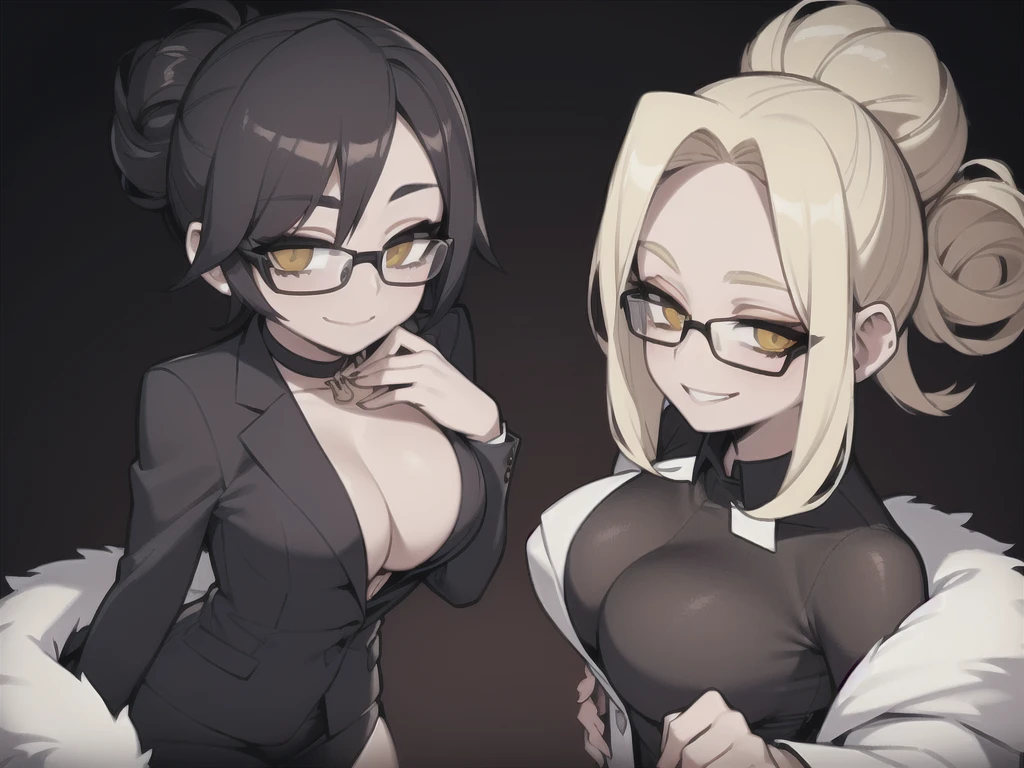 two sexy women looking at camera, flirtatious smiles, businesswomen outfits, chokers, portrait, short bun tied black hair, glasses
