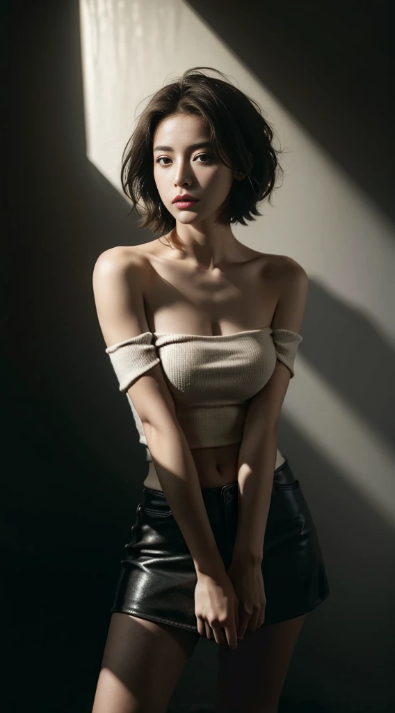 Best quality, masterpiece, ultra high res, (photorealistic:1.5), raw photo, 1girl,, in the dark, deep shadow, low key, cold light, sexy look, short hair, smooth , sexy, wet