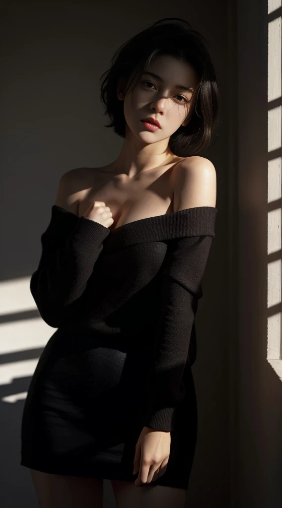 Best quality, masterpiece, ultra high res, (photorealistic:1.5), raw photo, 1girl, offshoulder, in the dark, deep shadow, low key, cold light, sexy look, short hair,miniskirts