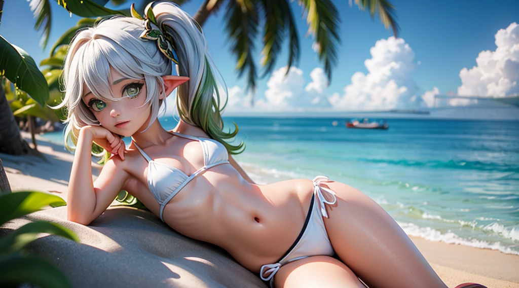 (masterpiece, best quality:1.2), intricate details, (nahida), 1 girl, (white bikini:1.2), simple bikini, hair ornament, side ponytail, (green_tattoo:1.2), (white hair, ta), (small breasts:1.2) , (wide hips, sexy:1.2), (beach_background:1.3), (outdoor), (falling leaves), (green eyes:1.2), (eye glow:1.4), (wet:1.2), cowboy shot,
