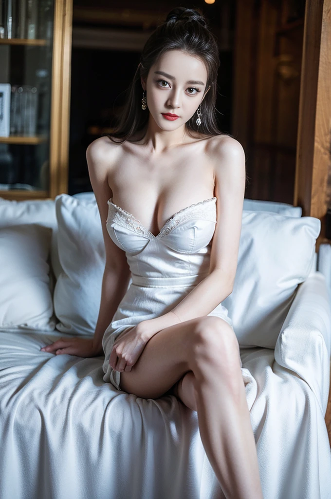 Top quality、8k、(Masterpiece:1.3)、Extremely delicate and beautiful girl,full-body shot,(big breasts:1.4),bigger breasts,amazing breast size,G-cup。Wear big earrings,Very white skin,moist red lips,Waist is very thin,Thighs are very thin,big butt,fair and smooth skin,Smooth and fair skin,flawless skin,Fair and shiny skin,cold white skin,The camera focuses on the chest,Bright light,White tube top dress,bare shoulders,white hair,hair is white,heavy snow,snow mountain,sunset,Rizhao Jinshan,happy,(solo:1.41),(1girl:1.42),
