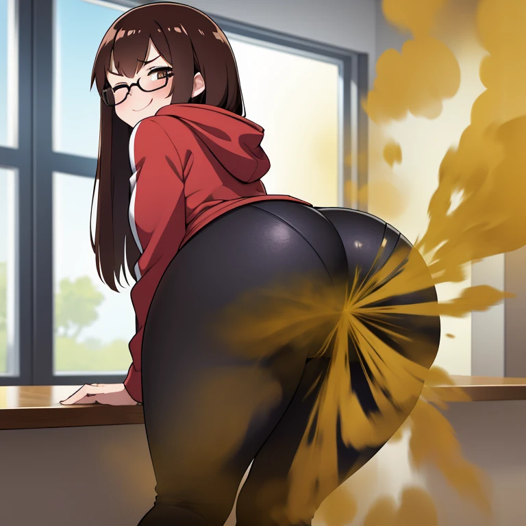 HD, high quality, high resolution, ultrahd, 1female, wearing glasses, bangs, dark red hoodie, white pants, long hair, brown hair, very tall body, thin body, massive ????, yellow smoke, velocity, 1 eye closed, 1 eye opened, forcing, struggling, struggle face, blush leaning, viewing ???, taking off pants, embarrassed, smiling, alone in a room, beautiful lighting, highlights