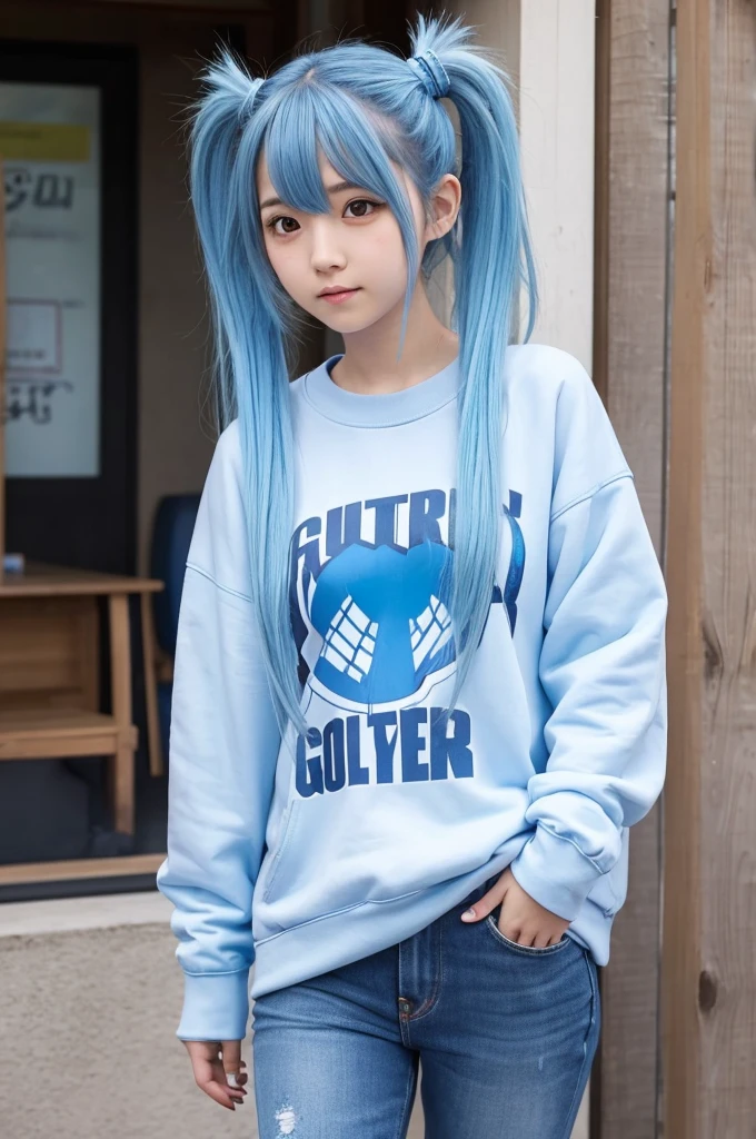 Draw a Japanese girl gamer with light blue hair in twin tails and wearing a sweatshirt.