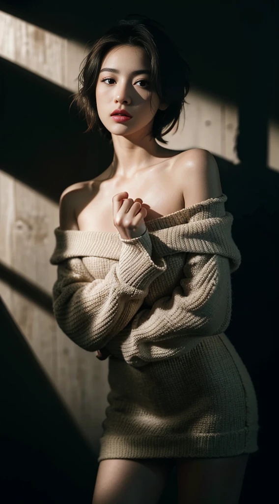 a beauty girl、Black knitwear、Lower body naked