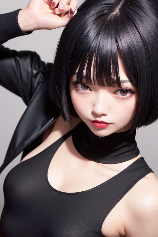 a close up of a woman with a red lipstick and a black shirt, kiko mizuhara, sui ishida with black hair, fubuki, a young asian woman, young cute wan asian face, paru itagaki, black bob hair, girl with black hair, black bob cut hair, young asian girl, eiko ishioka, lulu chen, phone screen size, 16:9, masterpeace, pro, photography, real, mobile phone screen, wearing black hijab, dark silhouette
