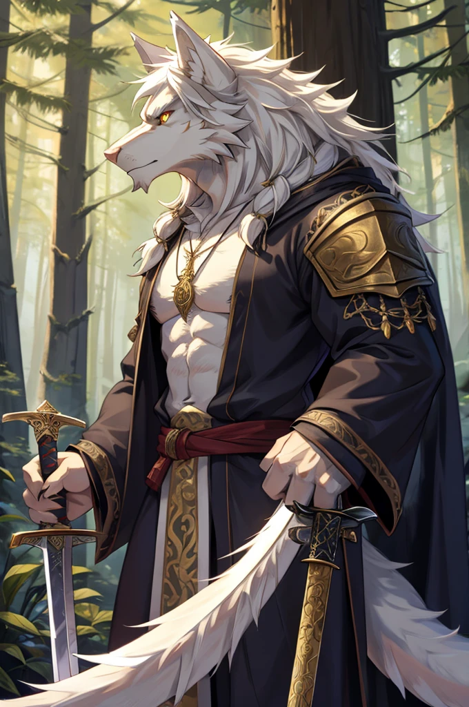 Werewolf,hairy,Pure white hair,Big white tail,Dragon-like golden eyes,Two long swords,Wolf head shaped pendant,forest,serious
