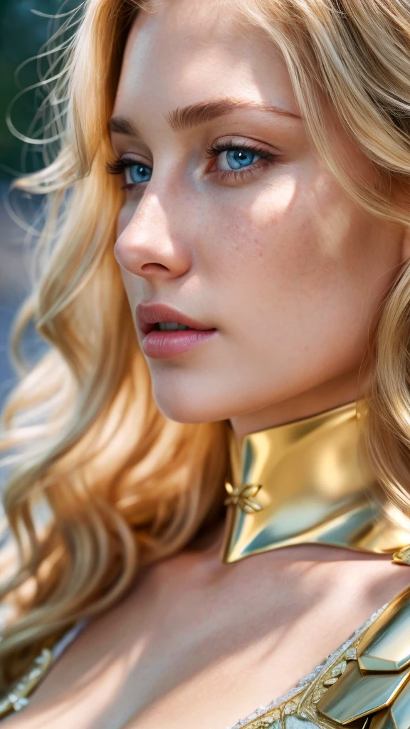 angel, armor gold (masterpiece, best quality, high resolution:1.4), 1girl, angel, skin pores texture, Hair blonde, HD , Photography, movie, cinematic, full Body, Realistic, (8k, RAW photo, best quality, masterpiece:1.2), (realistic, photo-realistic:1.33), best quality, detailed eyes blue, cute,natural lighting, depth of field, film grain, wrinkled skin, sharp, detailed and realistic portrait of a woman ,(freckles:0.5)