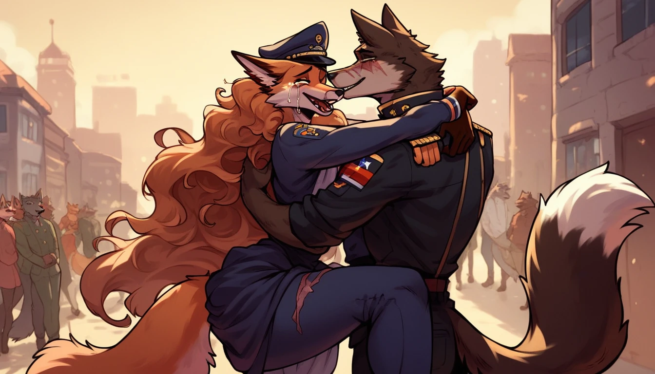 score_9, score_8_up, score_7_up, city, town park square, daytime, crowd on background, sunny, happy, joyful, love, reunion, face to face, (kissing:0.5)
((fox:1.2), anthro, female, dark brown fur, long flowing hair, beautiful, wearing a dress, crying tears of joy, hugging, being lifted)
((wolf:1.2), anthro, male, black fur, (scars, wounds), (wearing a military uniform, pants and hat), strong, lifting, loving expression)