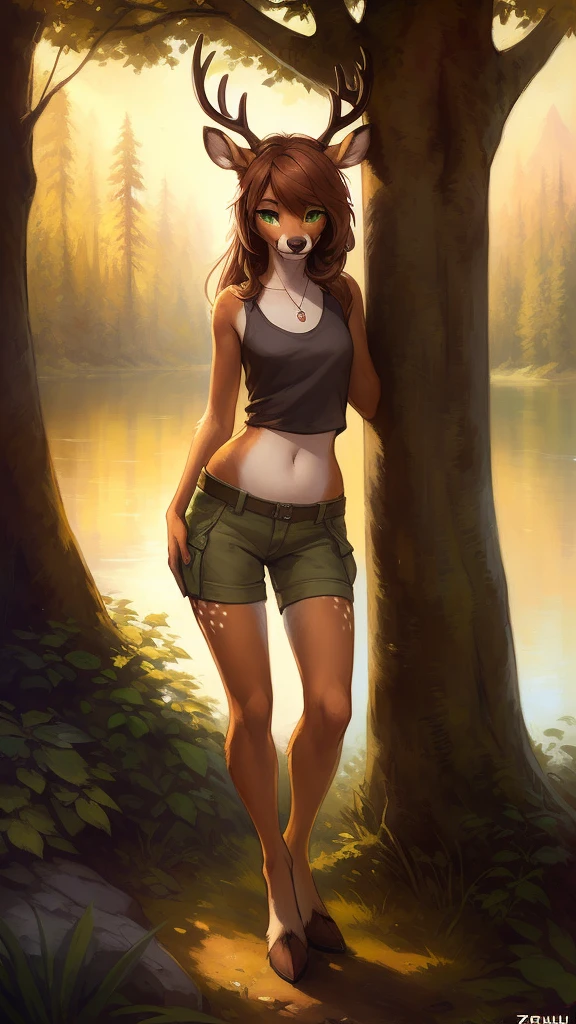uploaded the e621, beautiful and detailed portrait of a (((female))) anthro female deer doe with with small hips and a skinny body and ((clear emerald green eyes)), ( small legs and hips :1.5), small pelvis, Slim waist, wearing cargo pants and a tank top, leaning against a tree next to a lake in the middle of the forest, long auburn hair, kenket, Ross Tran,ruan jia, uploaded to e621, zaush, foxovh, zenematic lighting, deer,full body, deer tail, day, beautiful, messy hair, brown hair, solo, night, smiling shyly, detailed,hair covering eyes, black and brown hair, long hair floating in the wind, beautiful, (sublime: 1.0), (Extremely sensitive: 1.0),