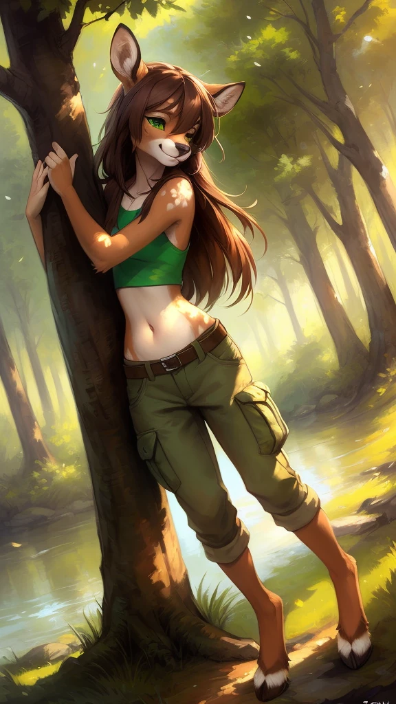 uploaded the e621, beautiful and detailed portrait of a (((female))) anthro female deer doe with with small hips and a skinny body and ((clear emerald green eyes)),  ( small legs and hips :1.5), small pelvis, Slim waist, wearing cargo pants and a tank top, leaning against a tree next to a lake in the middle of the forest, long auburn hair,  kenket, Ross Tran,ruan jia, uploaded to e621, zaush, foxovh, zenematic lighting, deer,full body, deer tail, day, beautiful, messy hair, brown hair, solo, night, smiling shyly, detailed,hair covering eyes,  black and brown hair, long hair floating in the wind, beautiful, (sublime: 1.0), (Extremely sensitive: 1.0), 