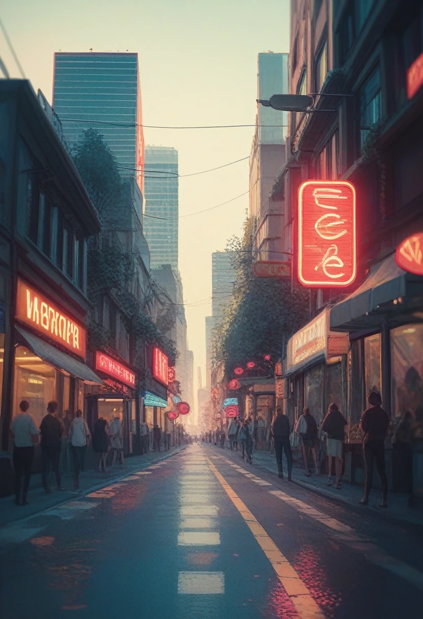 Model in trendy streetwear, City street with neon signs and pedestrians, Cinematic, Close up shot, Mirrorless, 35mm lens, f/1.8 aperture, ISO 400, slight color grading