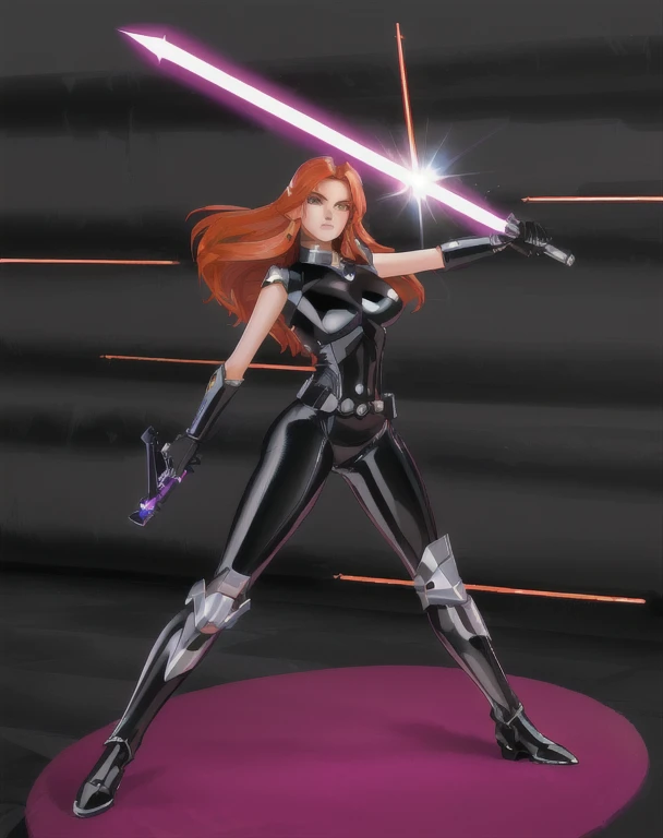 (best quality:1.3), (4K quality),masterpiece, best quality, high res, detailed, (Detailed face:1.2), (Detailed eyes:1.2), (Hourglass figure:1.2), CARTOON, ANIME, CARTOON ARTSTYLE, ultra-detailed, vintage science fiction, Star Wars based setting, extremely detailed face, long eyelashes, a upper body shot of a woman (Mara Jade), long orange hair, bright green eyes, a determined look and stoic gaze. ((Wearing: a black leather suit, the suit is shiny and glossy, the suit is so tight that it perfectly highlights the shape of Mara Jades figure. black gloves and shiny armored boots.)) Her gaze is both alluring and fierce, as she holding the purple lightsaber and blaster in both hands. Mara Jade is in a fighting position with the purple lightsaber, she's deflecting blaster fire.
