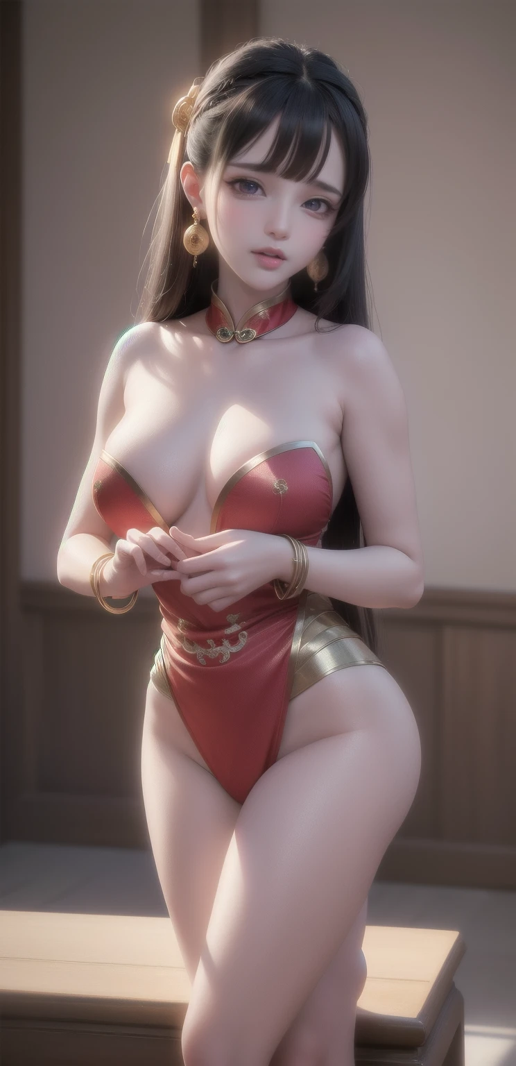 (8k, RAW photo, best quality, masterpiece:1.2),(realistic, photo-realistic:1.37),photo mapping,professional lighting,radiosity,1girl,solo,long_hair,(bracelet:1.1),(long legs:1.2),(earrings:1.1),physically-based rendering,proscenium,performance,be seated,close up to hands,Chinese costumes,Tomorrow morning