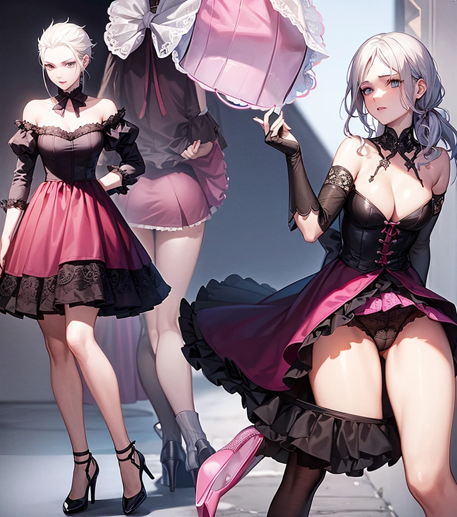 Vergil from Devil may cry Wearing a pink  Lacy skirt and high heels Passionate With rosy cheeks The bottom frame, butt man