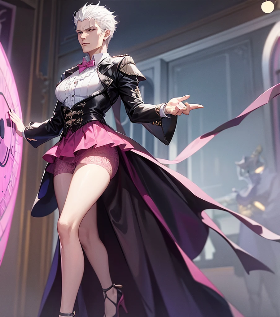Vergil from Devil may cry Wearing a pink Lacy skirt and high heels Passionate With rosy cheeks The bottom frame, butt man