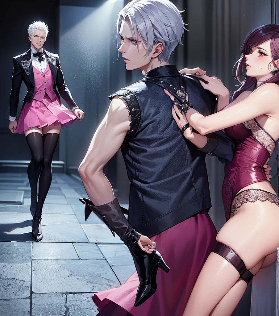 Vergil from Devil may cry Wearing a pink  Lacy skirt and high heels Passionate With rosy cheeks The bottom frame, butt man