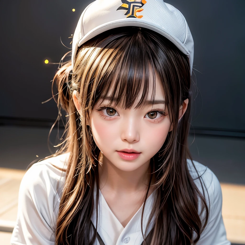 NSFW, 8k, High-level, absurd, masterpiece, best quality, primitive, very detailed CG, very detailed wallpaper, perfect lighting, Extremely detailed (((The personifying " Hanshin Tigers Professional Baseball Team " as a Little Girl))), MysticSight, Tyndall effect, Tyndall scattering, Studio gray background with (many Dazzling RainbowColor particles BokeH:1.28), (RoundlyButts, ThighGap), (Exposed:0.4), (Assfocus with looking ahead), BREAK (NOGIZAKA face variations) Extremely Detailed very KAWAII face variations, perfect anatomy, Childish, captivating gaze, elaborate detailed Eyes with (sparkling highlights:1.28), long eyelashes、Glossy RED Lips with beautiful details, Coquettish tongue, Rosy cheeks, Radiant PearlSkin with clear transparency . { (Dynamic LifeLike expressions:1.4) | :d) }, (large eyes:-1) .