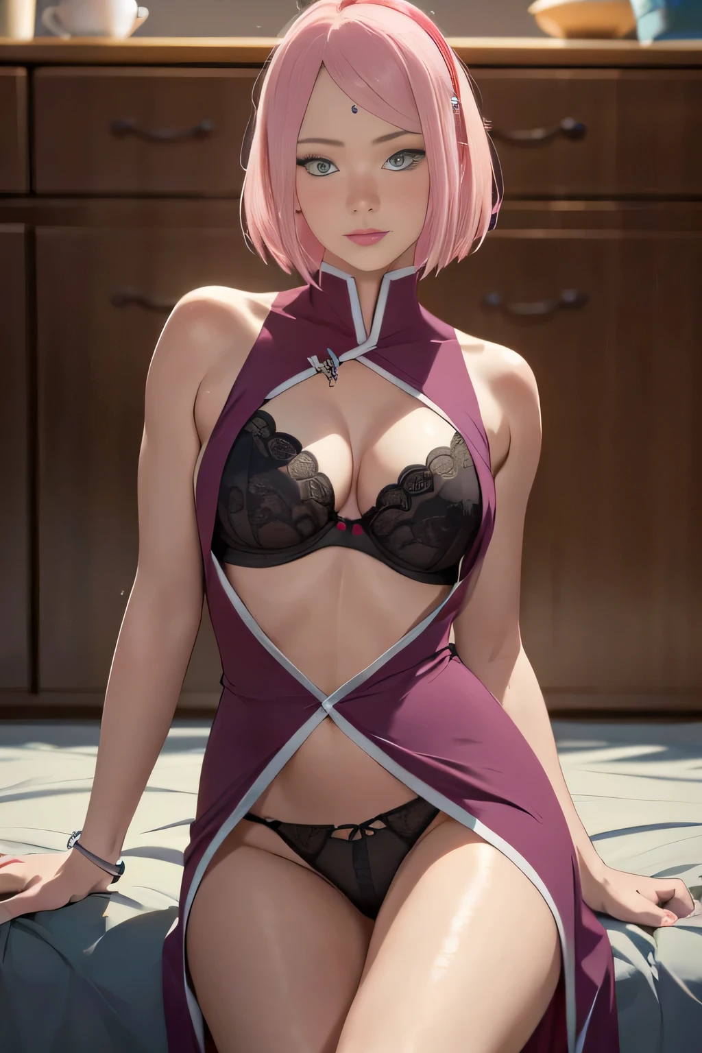 a beautiful sexy anime woman with a full pink kawai very short outfit and a katana
