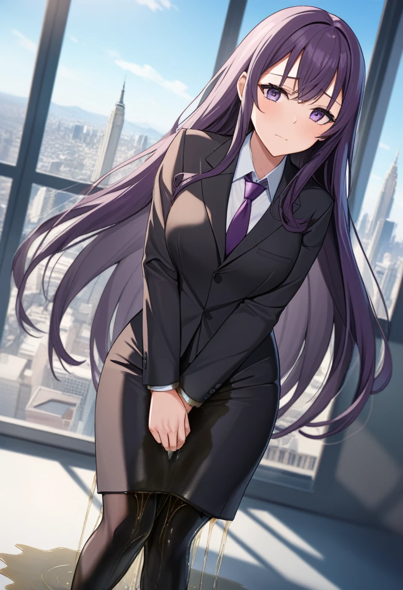 (masterpiece:1.37), best quality, (extremely detailed:1.37), office, window overlooking a bustling cityscape, woman, (mature:1.75), (adult:1.5), (very long hair:1.5), dark purple hair, purple eyes, (extremely detailed eyes:1.37), breasts, sunglasses, business suit, necktie, (very long pencil skirt:2.0), pantyhose, (wetting herself:2.0), standing straight, (desperation:2.0), full body day, daytime, glow, facing viewer, perfect composition, Perfect light and shadow, 8K