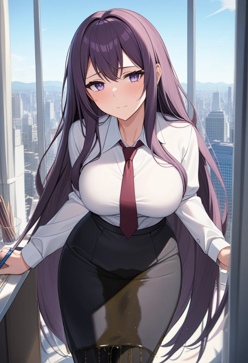 (masterpiece:1.37), best quality, (extremely detailed:1.37), office, window overlooking a bustling cityscape, woman, (mature:1.75), (adult:1.5), (very long hair:1.5), dark purple hair, purple eyes, (extremely detailed eyes:1.37), breasts, sunglasses, business suit, necktie, (very long pencil skirt:2.0), pantyhose, (wetting herself:2.0), standing straight, (desperation:2.0), full body day, daytime, glow, facing viewer, perfect composition, Perfect light and shadow, 8K