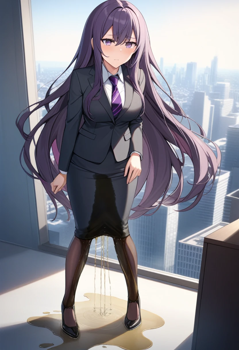 (masterpiece:1.37), best quality, (extremely detailed:1.37), office, window overlooking a bustling cityscape, woman, (mature:1.75), (adult:1.5), (very long hair:1.5), dark purple hair, purple eyes, (extremely detailed eyes:1.37), breasts, sunglasses, business suit, necktie, (very long pencil skirt:2.0), pantyhose, (wetting herself:2.0), standing straight, (desperation:2.0), full body day, daytime, glow, facing viewer, perfect composition, Perfect light and shadow, 8K