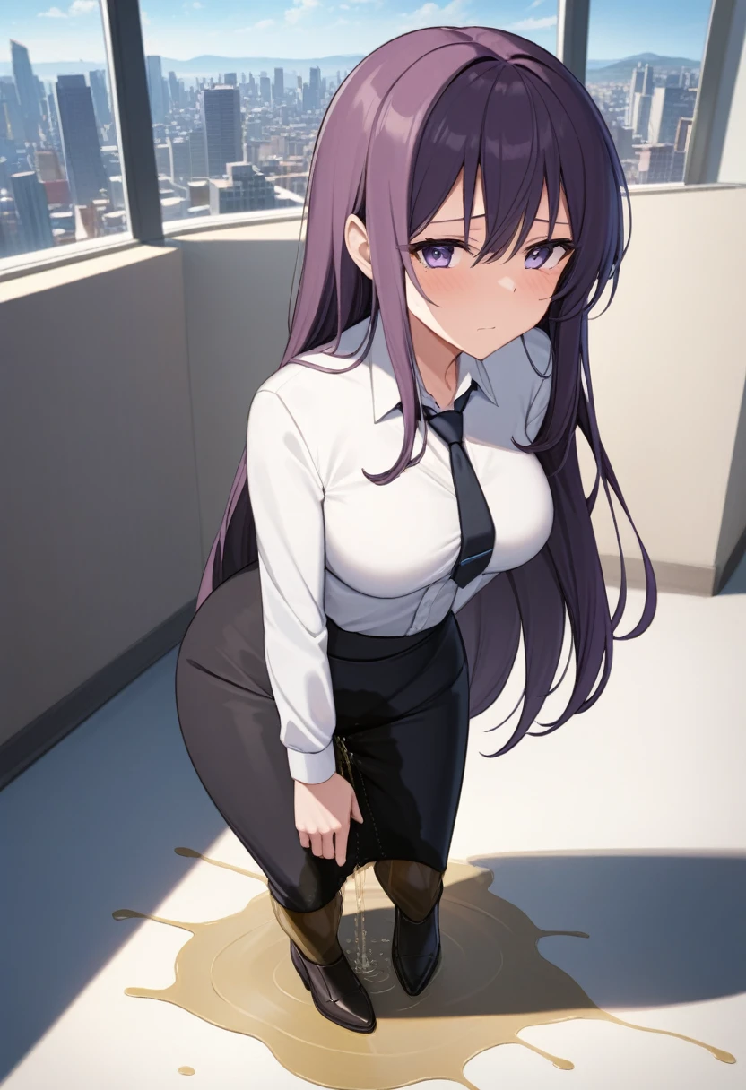 (masterpiece:1.37), best quality, (extremely detailed:1.37), office, window overlooking a bustling cityscape, woman, (mature:1.75), (adult:1.5), (very long hair:1.5), dark purple hair, purple eyes, (extremely detailed eyes:1.37), breasts, sunglasses, business suit, necktie, (very long pencil skirt:2.0), pantyhose, (wetting herself:2.0), standing straight, (desperation:2.0), full body day, daytime, glow, facing viewer, perfect composition, Perfect light and shadow, 8K