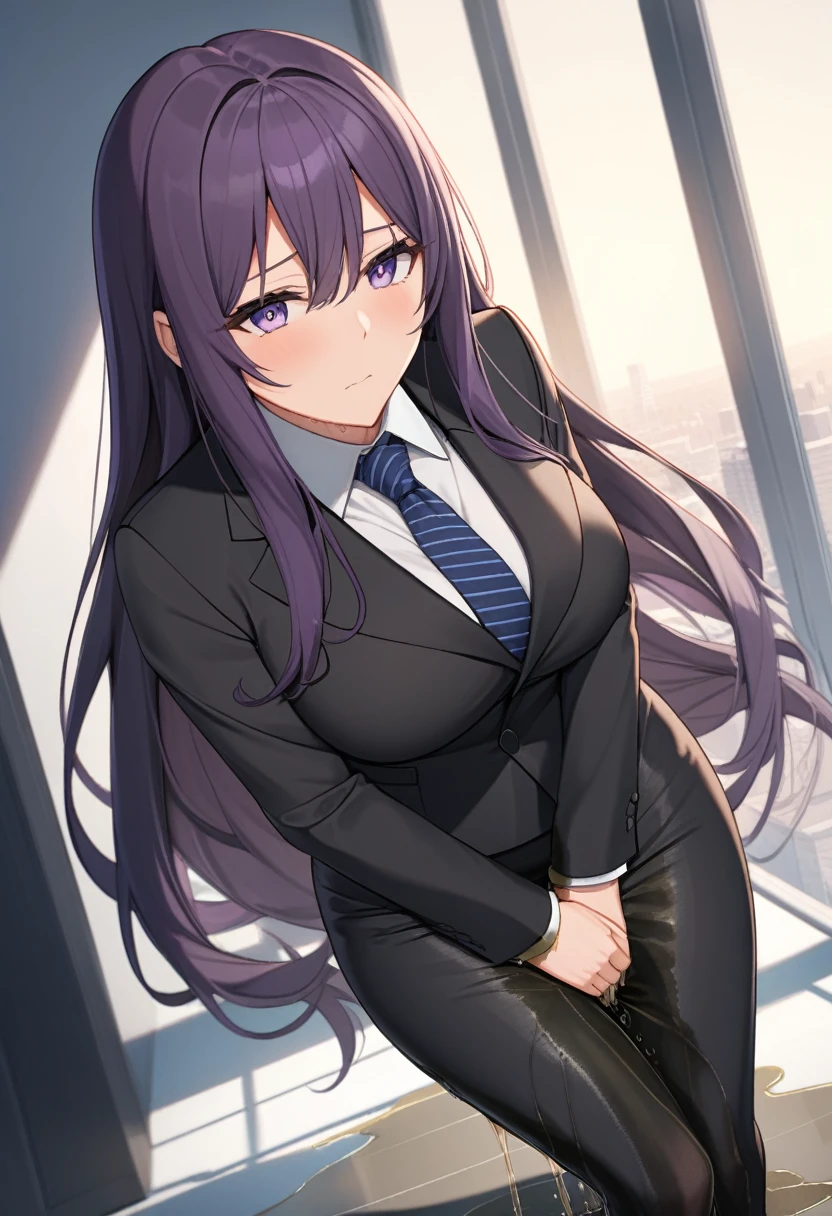 (masterpiece:1.37), best quality, (extremely detailed:1.37), office, window overlooking a bustling cityscape, woman, (mature:1.75), (adult:1.5), (very long hair:1.5), dark purple hair, purple eyes, (extremely detailed eyes:1.37), breasts, sunglasses, business suit, necktie, (very long pencil skirt:2.0), pantyhose, (wetting herself:2.0), standing straight, (desperation:2.0), full body day, daytime, glow, facing viewer, perfect composition, Perfect light and shadow, 8K