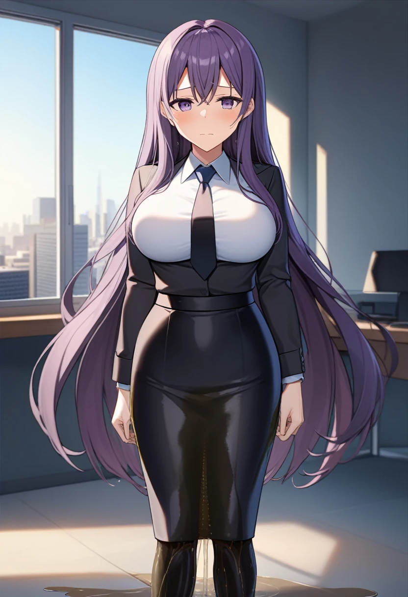 ((masterpiece, best quality, ultra-detailed)), 1girl, beautiful business woman in office building, smiling, blush, wearing pink blouse and blazer, bracelet, necklace, black midi pencil skirt, black suit skirt, heels, full body, purple hair, hand on hip, office building, office desk, wall, window