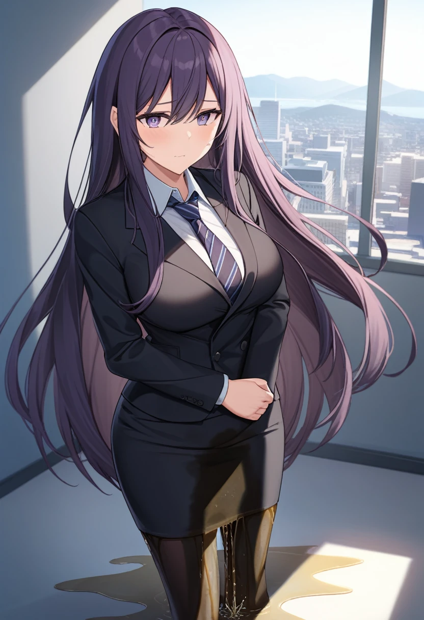 (masterpiece:1.37), best quality, (extremely detailed:1.37), office, window overlooking a bustling cityscape, woman, (mature:1.75), (adult:1.5), (very long hair:1.5), dark purple hair, purple eyes, (extremely detailed eyes:1.37), breasts, sunglasses, business suit, necktie, (very long pencil skirt:2.0), pantyhose, (wetting herself:2.0), standing straight, (desperation:2.0), full body day, daytime, glow, facing viewer, perfect composition, Perfect light and shadow, 8K